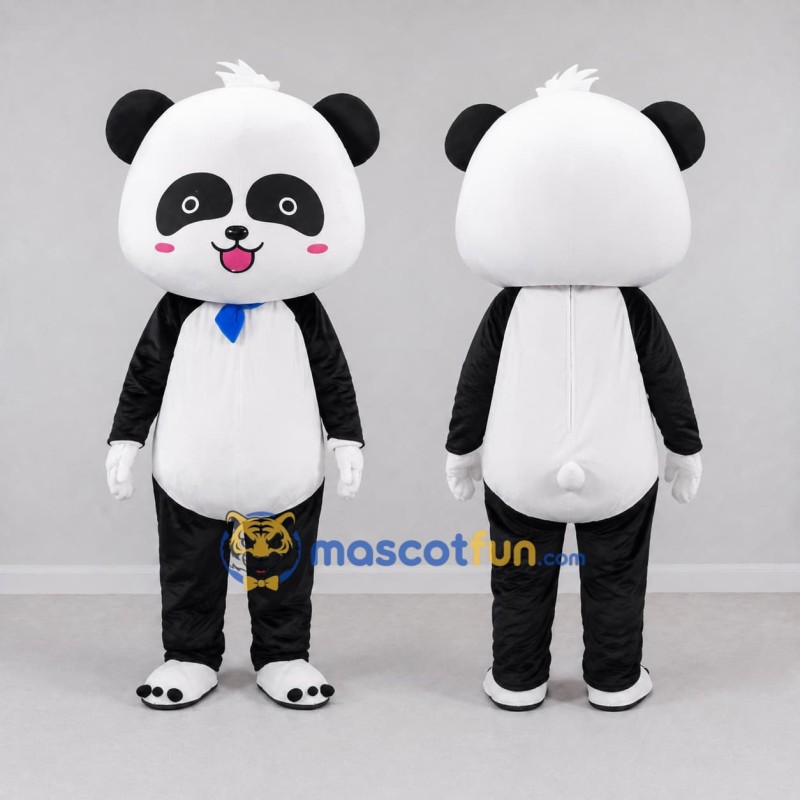 Custom Black White and Blue Panda with Tie Mascot Costume Adult Full Body Suit for Children's Events