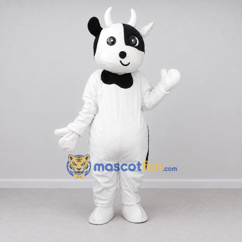 Custom Black and White Cow with Bow Tie Mascot Costume Adult Full Body Suit for Farm Events Custom Black and White Cow with Bow Tie Mascot Costume Adult Full Body Suit for Farm Events