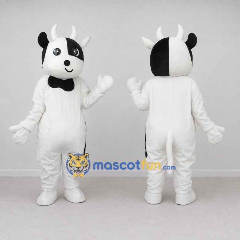 Custom Black and White Cow with Bow Tie Mascot Costume Adult Full Body Suit for Farm Events Custom Black and White Cow with Bow Tie Mascot Costume Adult Full Body Suit for Farm Events