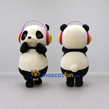 Custom Black White and Pink Panda with Headphones Mascot Costume Adult Full Body Suit for Music Events