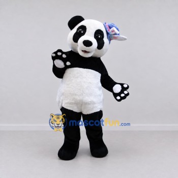 Custom Black White and Blue Panda with Hair Bow Mascot Costume Adult Full Body Suit for Children's Events