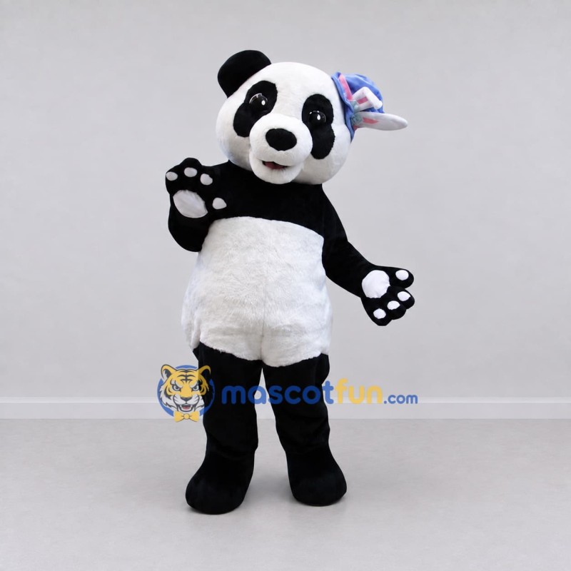 Custom Black White and Blue Panda with Hair Bow Mascot Costume Adult Full Body Suit for Children's Events Custom Black White and Blue Panda with Hair Bow Mascot Costume Adult Full Body Suit for Children's Events