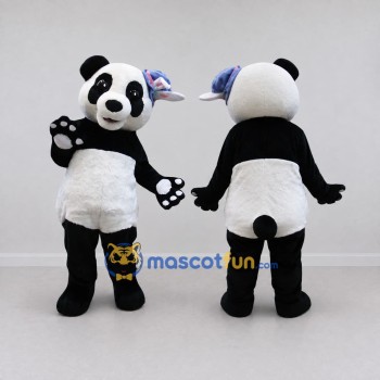 Custom Black White and Blue Panda with Hair Bow Mascot Costume Adult Full Body Suit for Children's Events