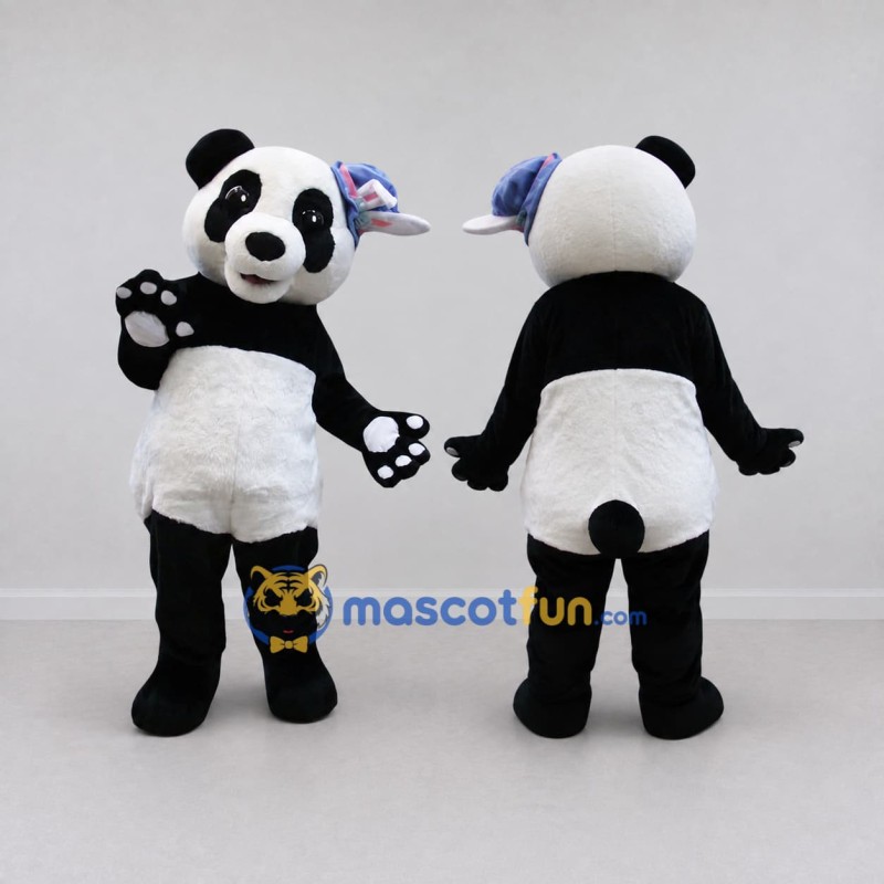 Custom Black White and Blue Panda with Hair Bow Mascot Costume Adult Full Body Suit for Children's Events Custom Black White and Blue Panda with Hair Bow Mascot Costume Adult Full Body Suit for Children's Events