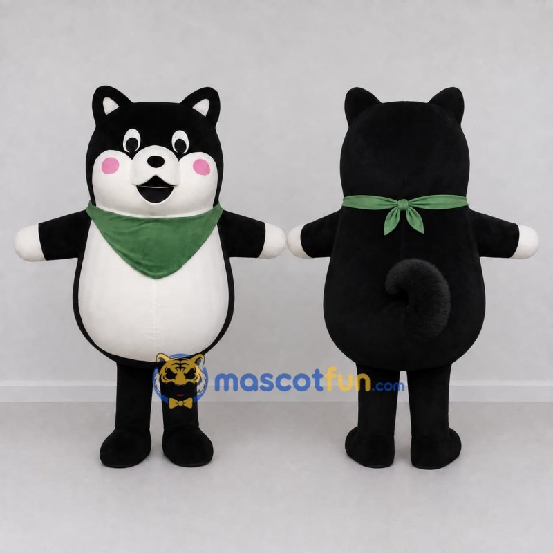 Custom Black White and Green Shiba Dog with Bandana Mascot Costume Adult Full Body Suit for Pet Events Custom Black White and Green Shiba Dog with Bandana Mascot Costume Adult Full Body Suit for Pet Events