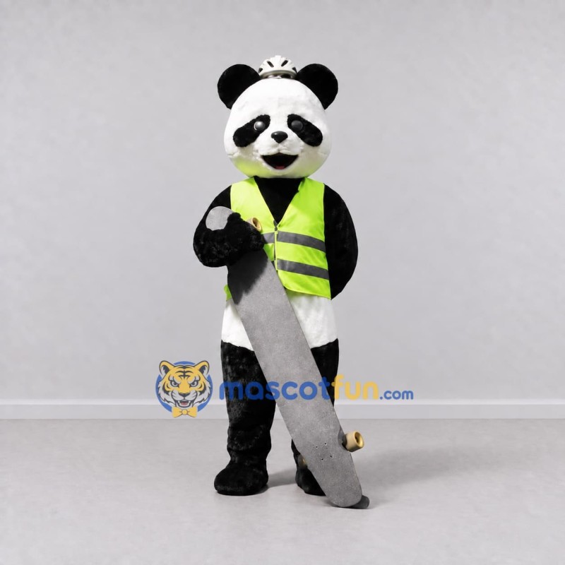 Custom Black White and Lime Green Panda in Safety Vest Mascot Costume Adult Full Body Suit for Community Events Custom Black White and Lime Green Panda in Safety Vest Mascot Costume Adult Full Body Suit for Community Events