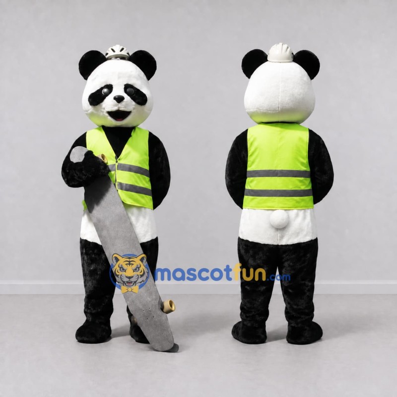 Custom Black White and Lime Green Panda in Safety Vest Mascot Costume Adult Full Body Suit for Community Events Custom Black White and Lime Green Panda in Safety Vest Mascot Costume Adult Full Body Suit for Community Events
