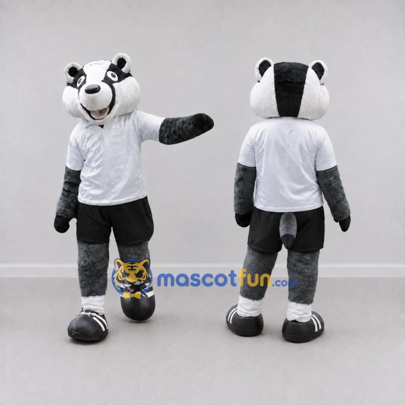 Custom Gray Black and White Badger in Sportswear Mascot Costume Adult Full Body Suit for Sports Events Custom Gray Black and White Badger in Sportswear Mascot Costume Adult Full Body Suit for Sports Events