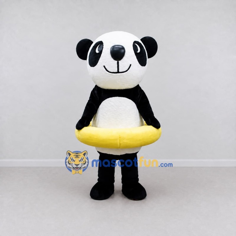 Custom Black White and Yellow Panda with Swim Ring Mascot Costume Adult Full Body Suit for Summer Events
