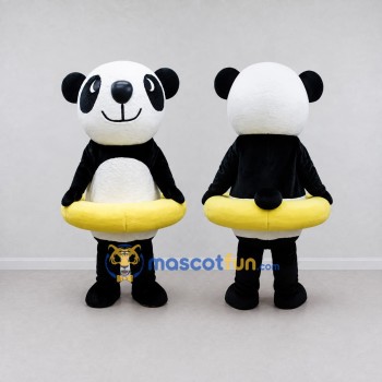 Custom Black White and Yellow Panda with Swim Ring Mascot Costume Adult Full Body Suit for Summer Events