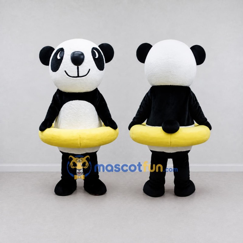Custom Black White and Yellow Panda with Swim Ring Mascot Costume Adult Full Body Suit for Summer Events
