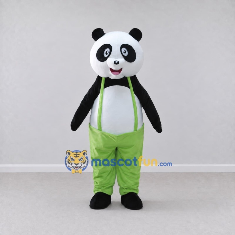 Custom Black White and Green Panda in Suspenders Mascot Costume Adult Full Body Suit for Children's Events Custom Black White and Green Panda in Suspenders Mascot Costume Adult Full Body Suit for Children's Events