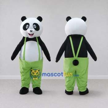 Custom Black White and Green Panda in Suspenders Mascot Costume Adult Full Body Suit for Children's Events