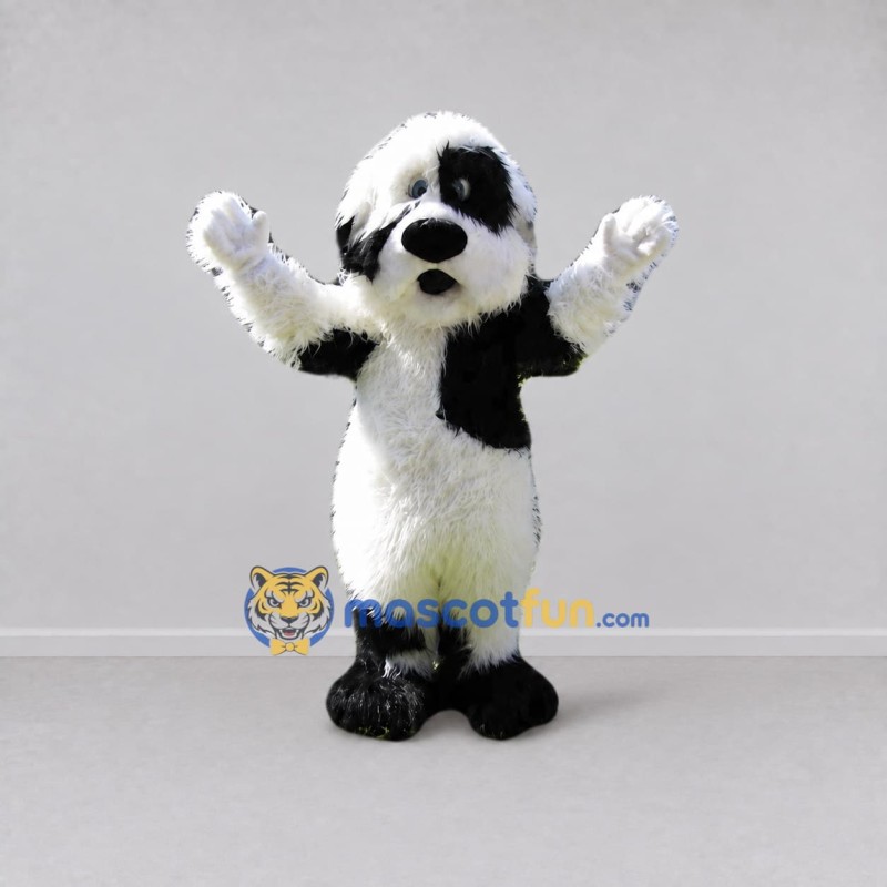 Custom White and Black Shaggy Dog Mascot Costume Adult Full Body Suit for Pet Events Custom White and Black Shaggy Dog Mascot Costume Adult Full Body Suit for Pet Events