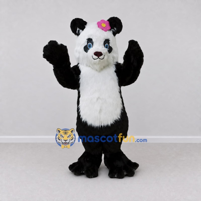 Custom Black White and Pink Panda with Flower Mascot Costume Adult Full Body Suit for Children's Events Custom Black White and Pink Panda with Flower Mascot Costume Adult Full Body Suit for Children's Events