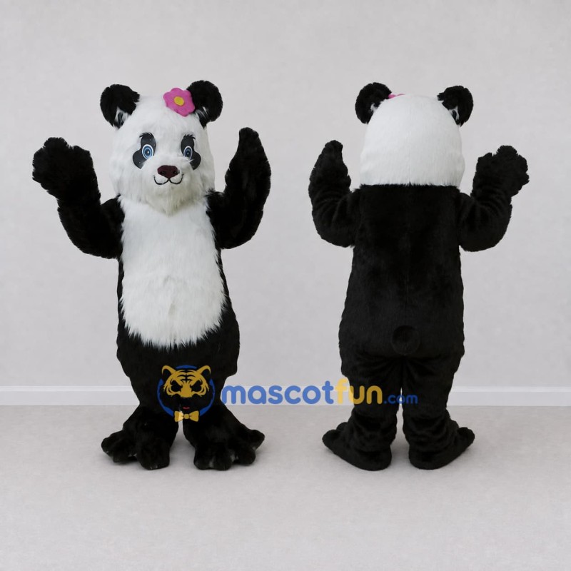 Custom Black White and Pink Panda with Flower Mascot Costume Adult Full Body Suit for Children's Events Custom Black White and Pink Panda with Flower Mascot Costume Adult Full Body Suit for Children's Events