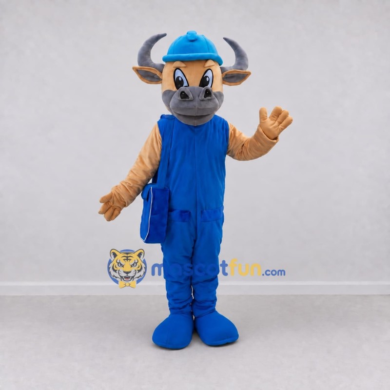 Custom Tan Gray and Blue Construction Bull Mascot Costume Adult Full Body Suit for Community Events Custom Tan Gray and Blue Construction Bull Mascot Costume Adult Full Body Suit for Community Events