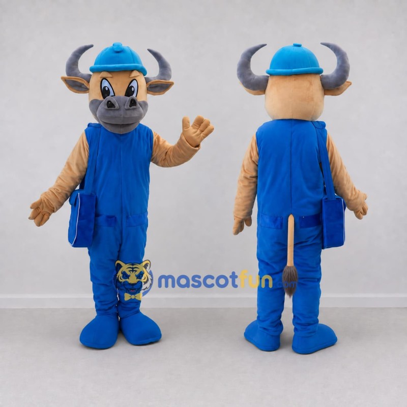 Custom Tan Gray and Blue Construction Bull Mascot Costume Adult Full Body Suit for Community Events Custom Tan Gray and Blue Construction Bull Mascot Costume Adult Full Body Suit for Community Events
