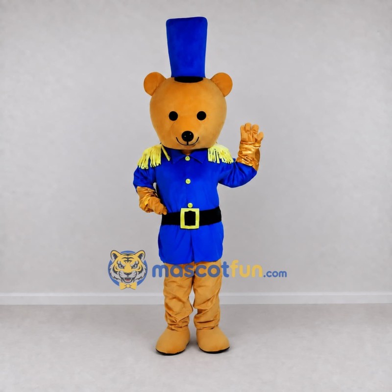 Custom Golden Brown and Blue Toy Soldier Bear Mascot Costume Adult Full Body Suit for Parade Events