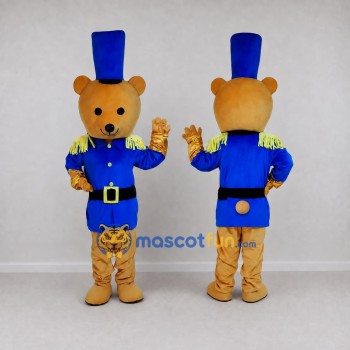 Custom Golden Brown and Blue Toy Soldier Bear Mascot Costume Adult Full Body Suit for Parade Events