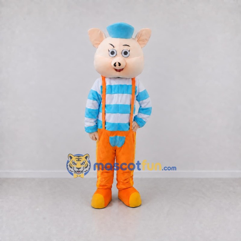 Custom Pink Blue and Orange Pig in Suspenders Mascot Costume Adult Full Body Suit for Farm Events Custom Pink Blue and Orange Pig in Suspenders Mascot Costume Adult Full Body Suit for Farm Events