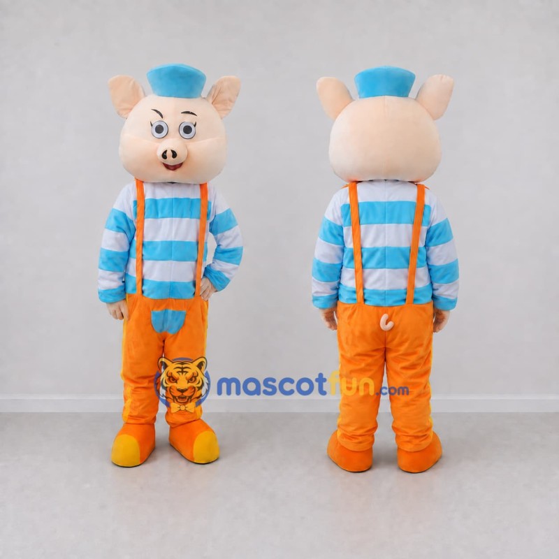 Custom Pink Blue and Orange Pig in Suspenders Mascot Costume Adult Full Body Suit for Farm Events Custom Pink Blue and Orange Pig in Suspenders Mascot Costume Adult Full Body Suit for Farm Events
