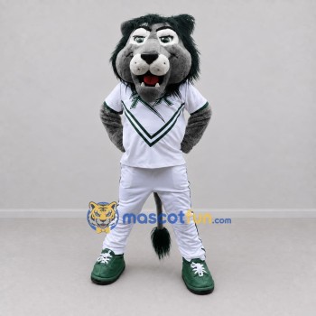 Custom Gray White and Green Lion in Sportswear Mascot Costume Adult Full Body Suit for Sports Events