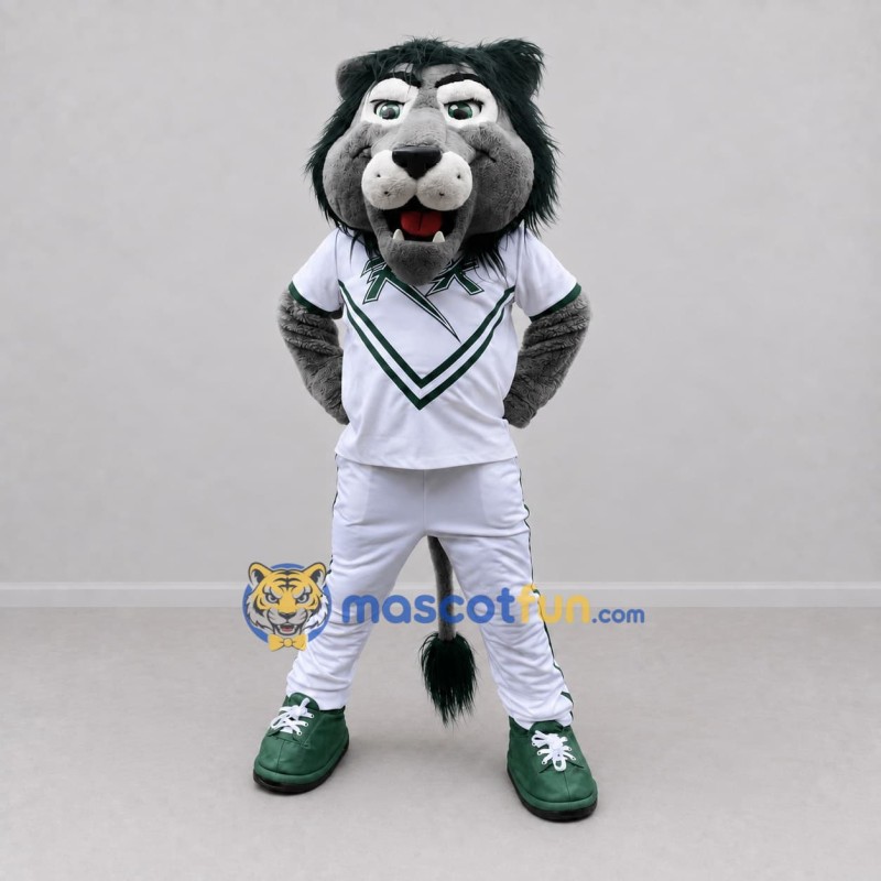 Custom Gray White and Green Lion in Sportswear Mascot Costume Adult Full Body Suit for Sports Events Custom Gray White and Green Lion in Sportswear Mascot Costume Adult Full Body Suit for Sports Events