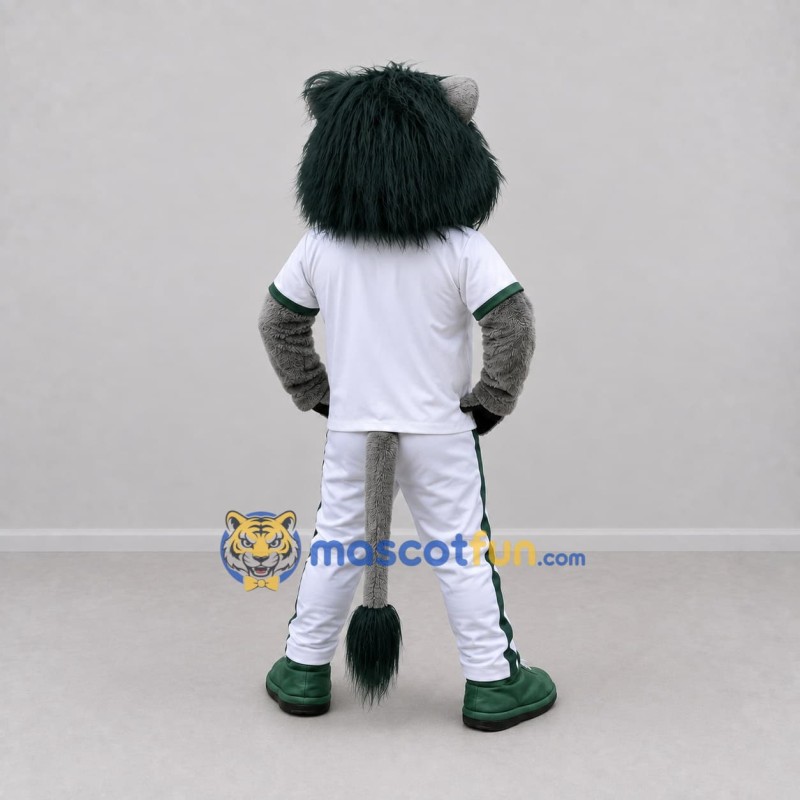 Custom Gray White and Green Lion in Sportswear Mascot Costume Adult Full Body Suit for Sports Events Custom Gray White and Green Lion in Sportswear Mascot Costume Adult Full Body Suit for Sports Events