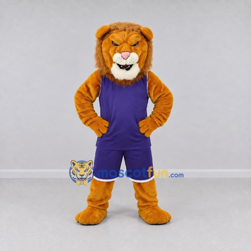 Custom Golden Brown and Purple Lion in Sportswear Mascot Costume Adult Full Body Suit for Sports Events Custom Golden Brown and Purple Lion in Sportswear Mascot Costume Adult Full Body Suit for Sports Events