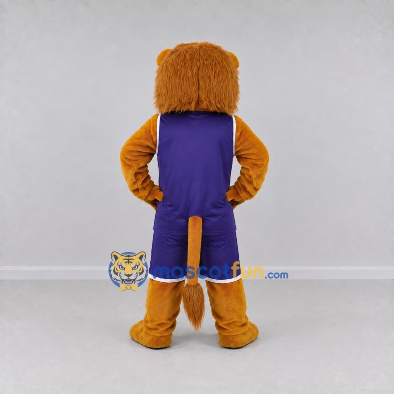 Custom Golden Brown and Purple Lion in Sportswear Mascot Costume Adult Full Body Suit for Sports Events Custom Golden Brown and Purple Lion in Sportswear Mascot Costume Adult Full Body Suit for Sports Events