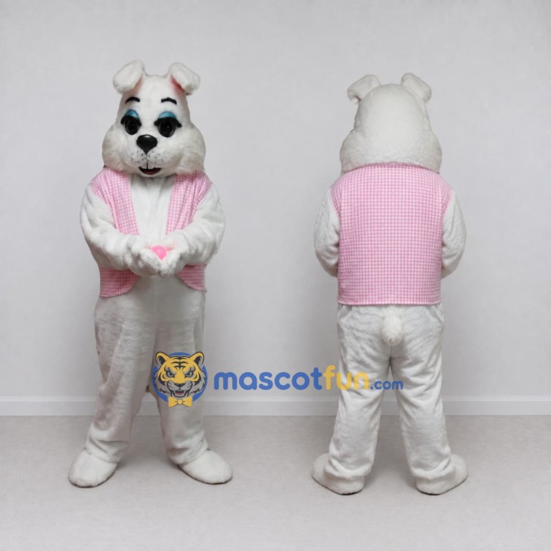 Custom White and Pink Rabbit in Vest Mascot Costume Adult Full Body Suit for Easter Events Custom White and Pink Rabbit in Vest Mascot Costume Adult Full Body Suit for Easter Events