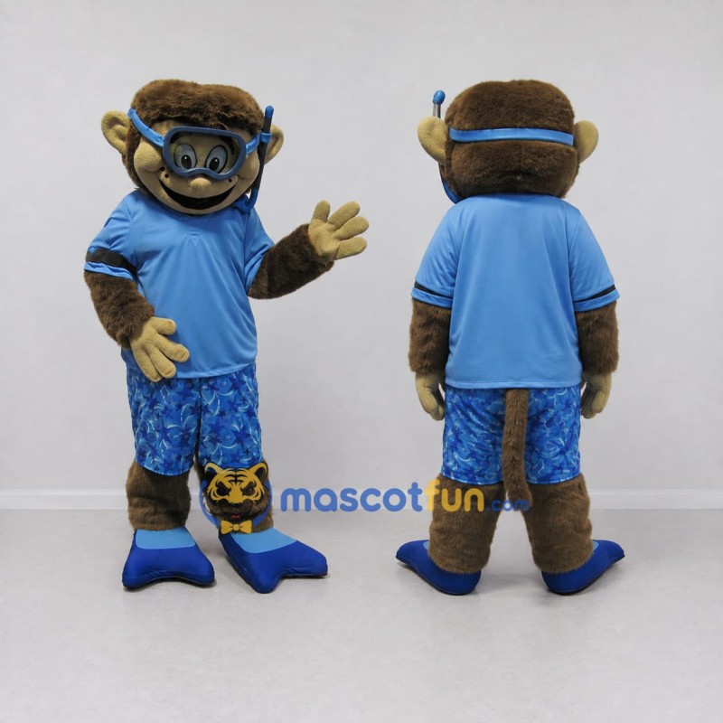 Custom Brown and Blue Snorkeling Monkey Mascot Costume Adult Full Body Suit for Summer Events Custom Brown and Blue Snorkeling Monkey Mascot Costume Adult Full Body Suit for Summer Events