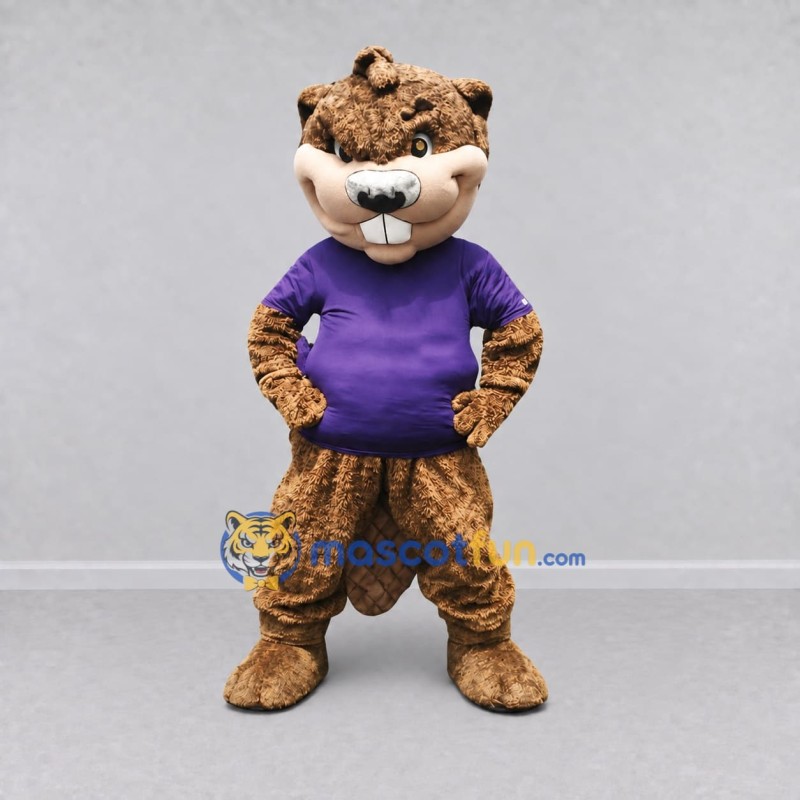 Custom Brown and Purple Beaver in T-Shirt Mascot Costume Adult Full Body Suit for School Events Custom Brown and Purple Beaver in T-Shirt Mascot Costume Adult Full Body Suit for School Events