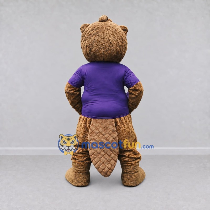Custom Brown and Purple Beaver in T-Shirt Mascot Costume Adult Full Body Suit for School Events Custom Brown and Purple Beaver in T-Shirt Mascot Costume Adult Full Body Suit for School Events