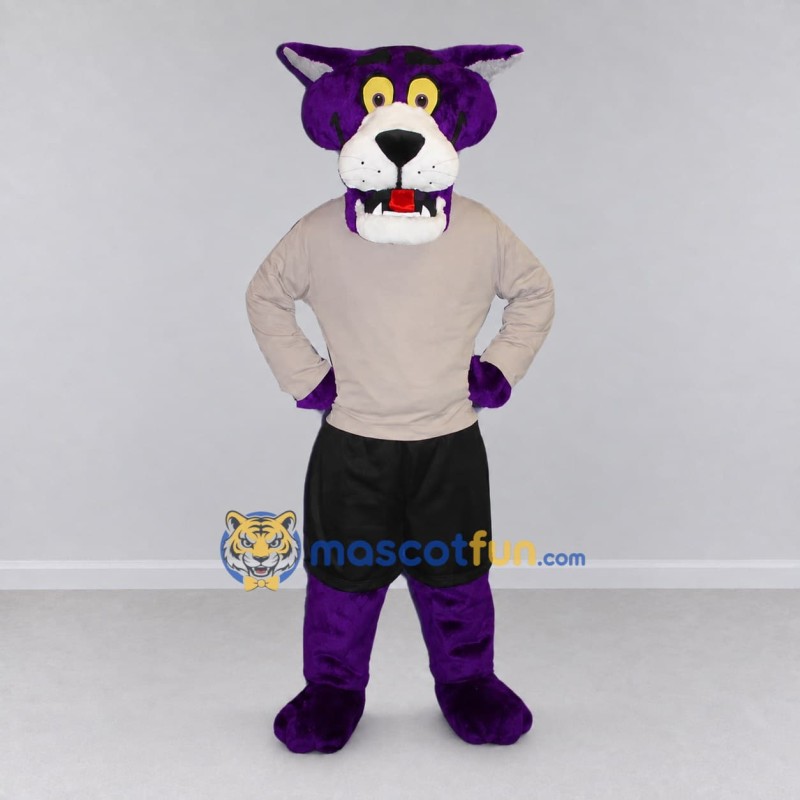 Custom Purple and Gray Big Cat in Sportswear Mascot Costume Adult Full Body Suit for Sports Events Custom Purple and Gray Big Cat in Sportswear Mascot Costume Adult Full Body Suit for Sports Events