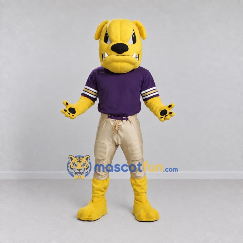Custom Yellow and Purple Bulldog in Sportswear Mascot Costume Adult Full Body Suit for Sports Events Custom Yellow and Purple Bulldog in Sportswear Mascot Costume Adult Full Body Suit for Sports Events