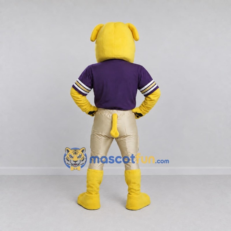 Custom Yellow and Purple Bulldog in Sportswear Mascot Costume Adult Full Body Suit for Sports Events Custom Yellow and Purple Bulldog in Sportswear Mascot Costume Adult Full Body Suit for Sports Events