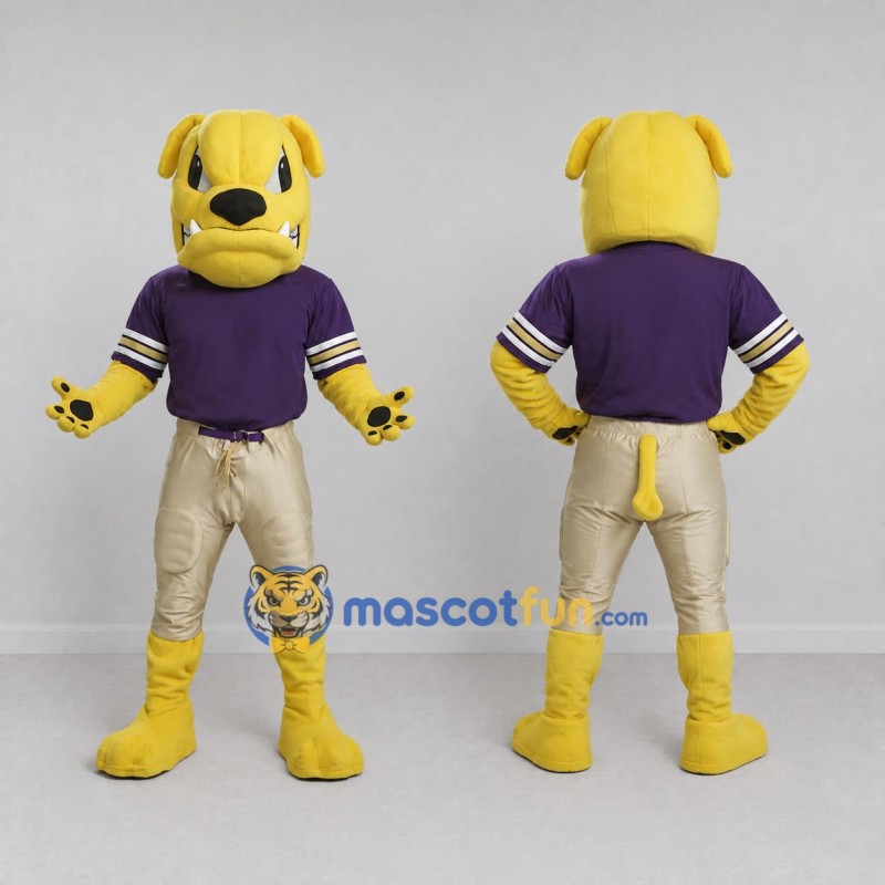 Custom Yellow and Purple Bulldog in Sportswear Mascot Costume Adult Full Body Suit for Sports Events Custom Yellow and Purple Bulldog in Sportswear Mascot Costume Adult Full Body Suit for Sports Events