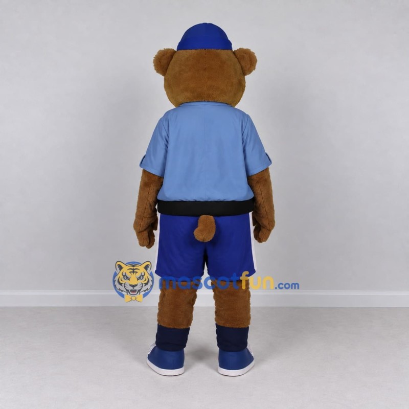 Custom Brown and Blue Bear in Uniform Mascot Costume Adult Full Body Suit for Community Events Custom Brown and Blue Bear in Uniform Mascot Costume Adult Full Body Suit for Community Events