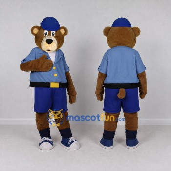 Custom Brown and Blue Bear in Uniform Mascot Costume Adult Full Body Suit for Community Events