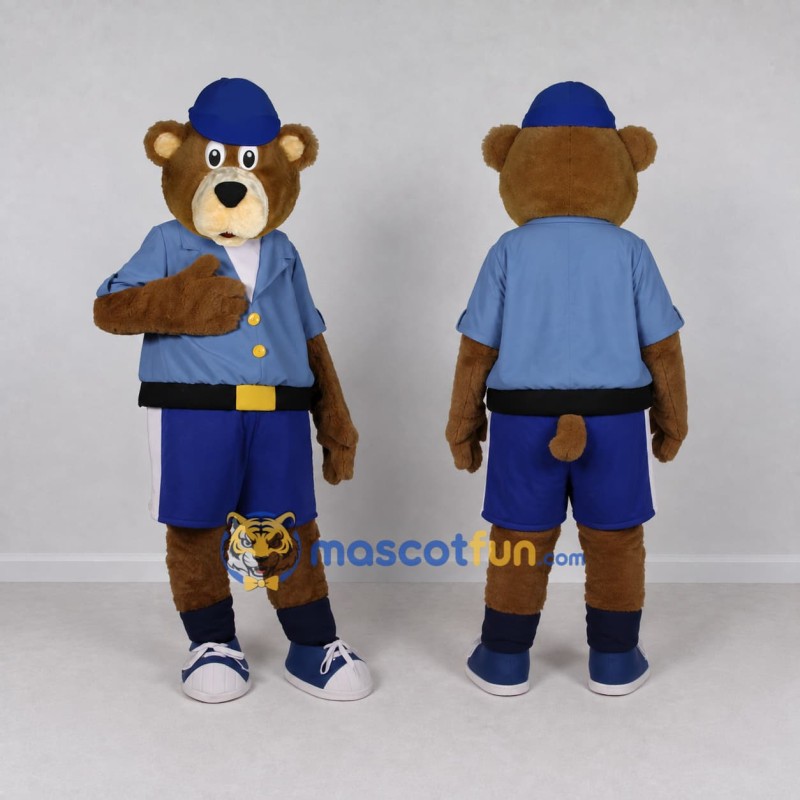 Custom Brown and Blue Bear in Uniform Mascot Costume Adult Full Body Suit for Community Events Custom Brown and Blue Bear in Uniform Mascot Costume Adult Full Body Suit for Community Events