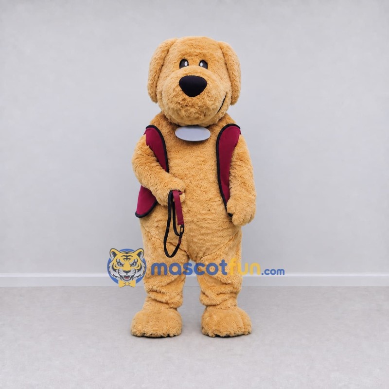 Custom Tan and Burgundy Dog in Vest Mascot Costume Adult Full Body Suit for Pet Events Custom Tan and Burgundy Dog in Vest Mascot Costume Adult Full Body Suit for Pet Events
