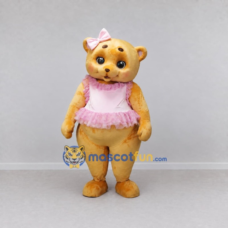Custom Golden Brown and Pink Teddy Bear in Dress Mascot Costume Adult Full Body Suit for Children's Events Custom Golden Brown and Pink Teddy Bear in Dress Mascot Costume Adult Full Body Suit for Children's Events