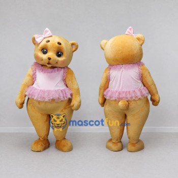 Custom Golden Brown and Pink Teddy Bear in Dress Mascot Costume Adult Full Body Suit for Children's Events