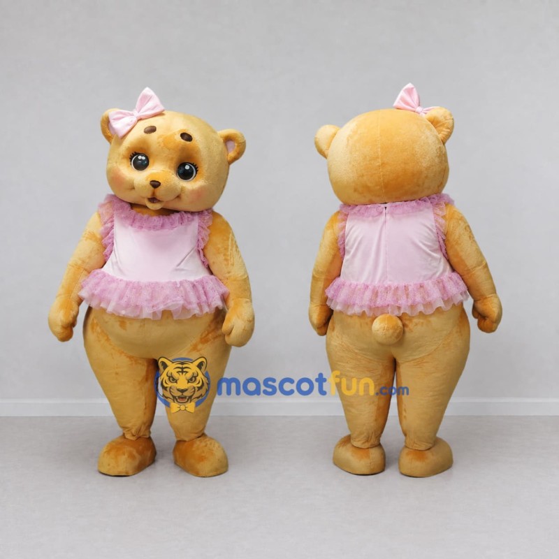 Custom Golden Brown and Pink Teddy Bear in Dress Mascot Costume Adult Full Body Suit for Children's Events Custom Golden Brown and Pink Teddy Bear in Dress Mascot Costume Adult Full Body Suit for Children's Events