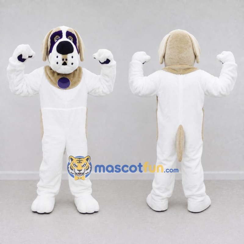 Custom White Tan and Purple Dog Mascot Costume Adult Full Body Suit for Pet Events Custom White Tan and Purple Dog Mascot Costume Adult Full Body Suit for Pet Events