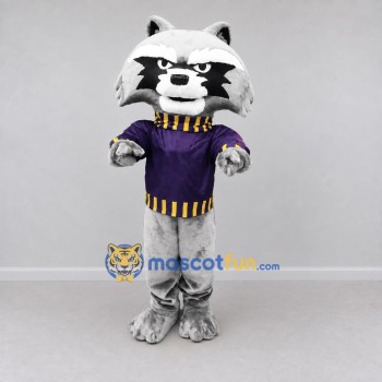 Custom Gray and Purple Raccoon in Sweater Mascot Costume Adult Full Body Suit for Woodland Events Custom Gray and Purple Raccoon in Sweater Mascot Costume Adult Full Body Suit for Woodland Events