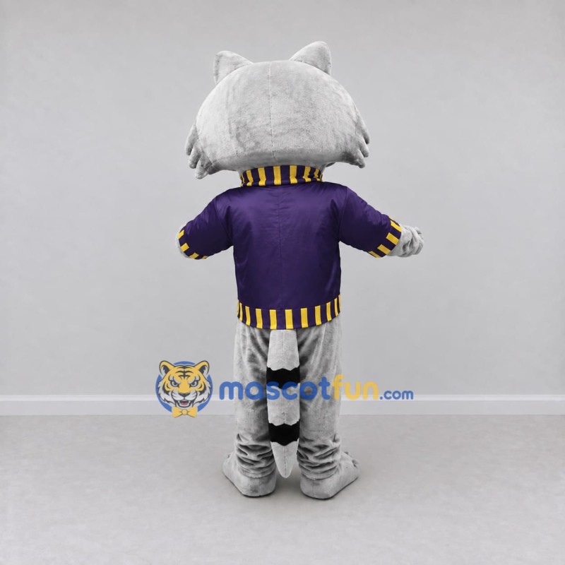 Custom Gray and Purple Raccoon in Sweater Mascot Costume Adult Full Body Suit for Woodland Events Custom Gray and Purple Raccoon in Sweater Mascot Costume Adult Full Body Suit for Woodland Events