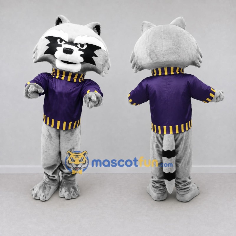 Custom Gray and Purple Raccoon in Sweater Mascot Costume Adult Full Body Suit for Woodland Events Custom Gray and Purple Raccoon in Sweater Mascot Costume Adult Full Body Suit for Woodland Events